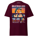 Maroon unisex Sailor T-Shirt by 7SHORT1LONG® featuring anime-inspired design and "Only Crew Love Is True Love" text front view.