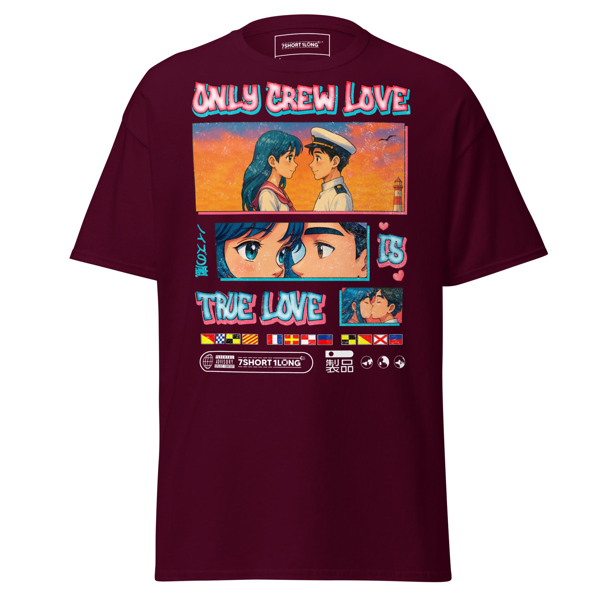 Maroon unisex Sailor T-Shirt by 7SHORT1LONG® featuring anime-inspired design and "Only Crew Love Is True Love" text front view.