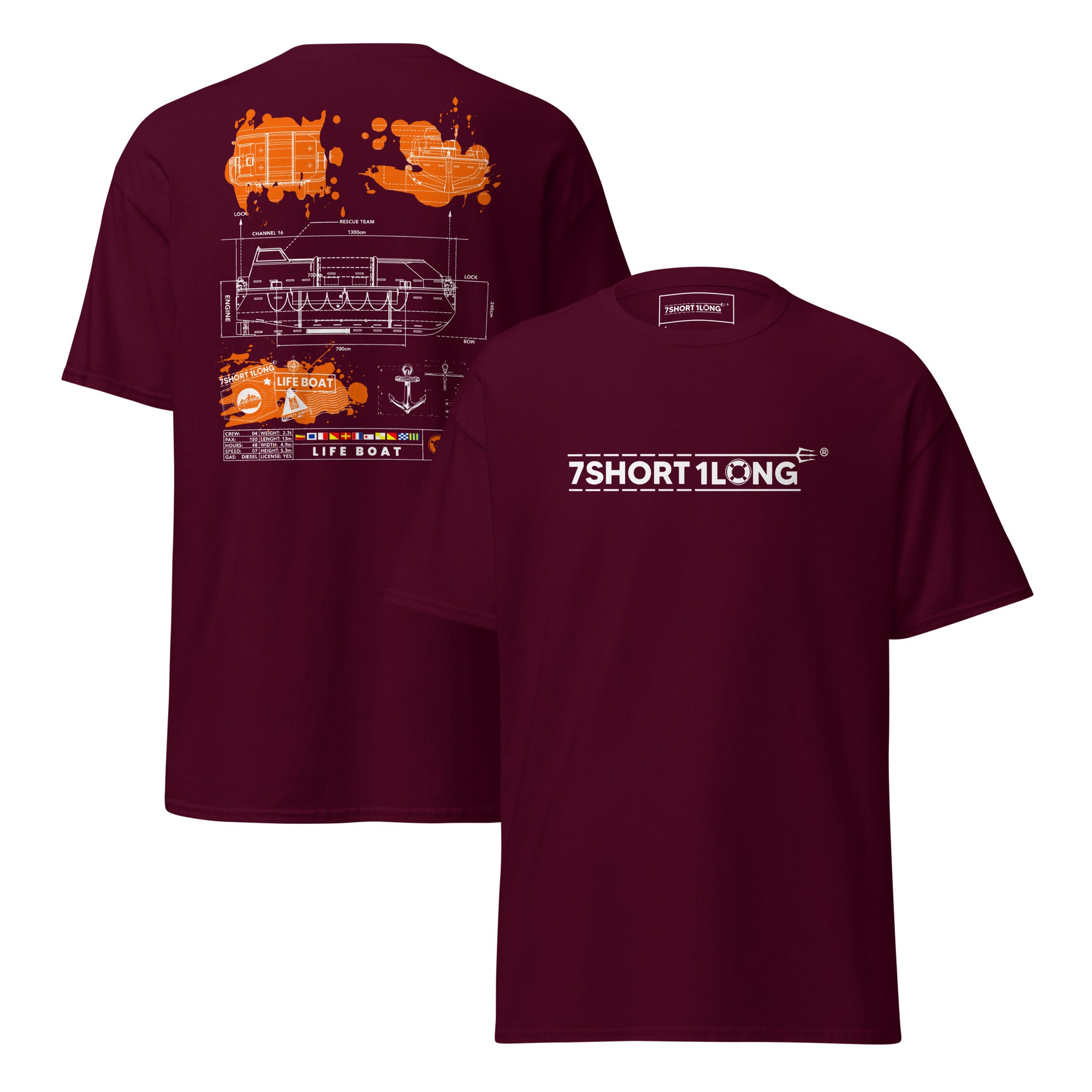 7SHORT1LONG lifeboat t-shirt maritime survival vessel blueprint graphic burgundy tee Image principale du produit