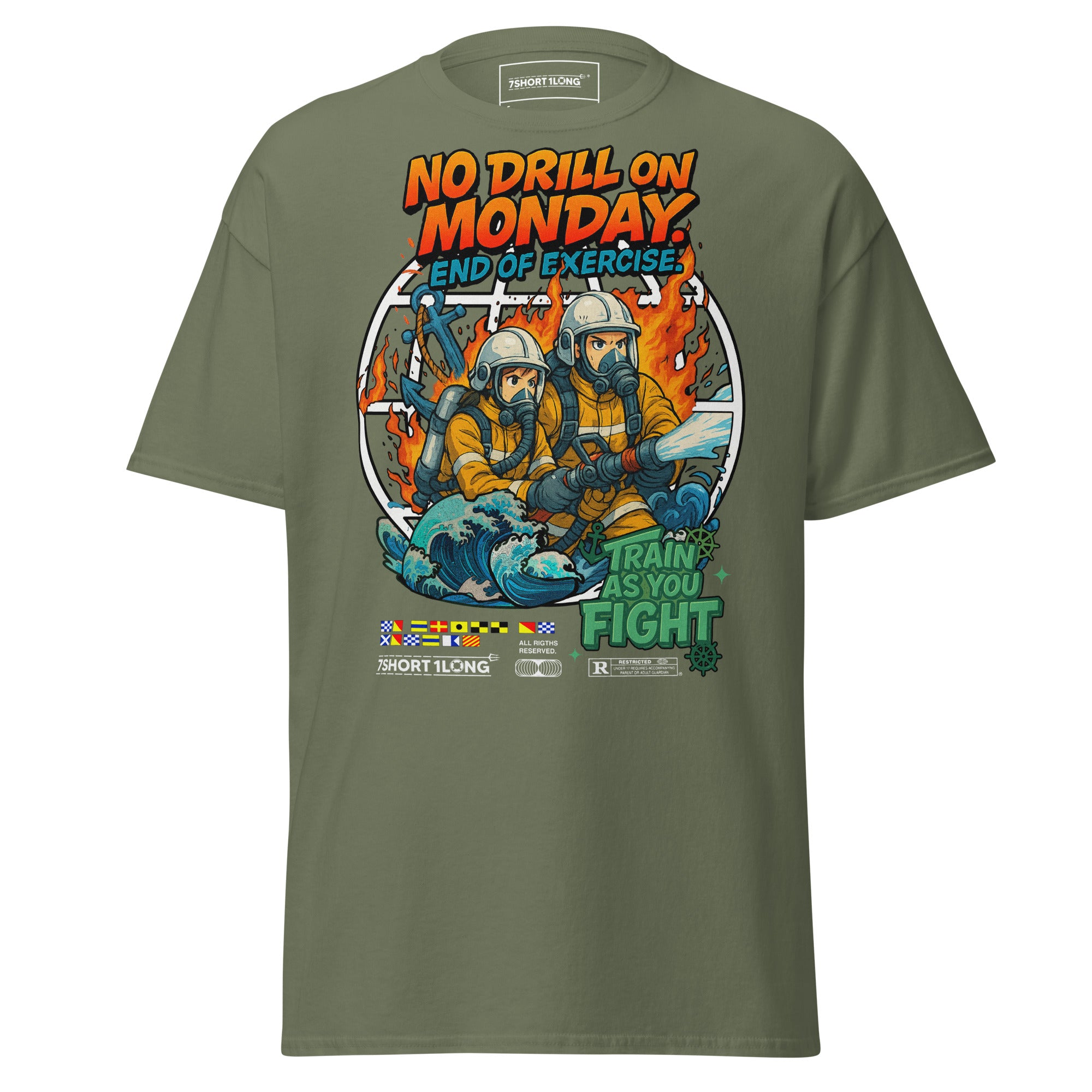Unisex Fire Drill T-Shirt by 7SHORT1LONG® in military green with nautical crew safety design on the front. Main image