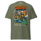 Unisex Fire Drill T-Shirt by 7SHORT1LONG® in military green with nautical crew safety design on the front.