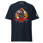 Maritime T-shirt with Fire Assessment Team design, representing onboard emergency response and ship fire brigade entering fire zones during emergencies.
