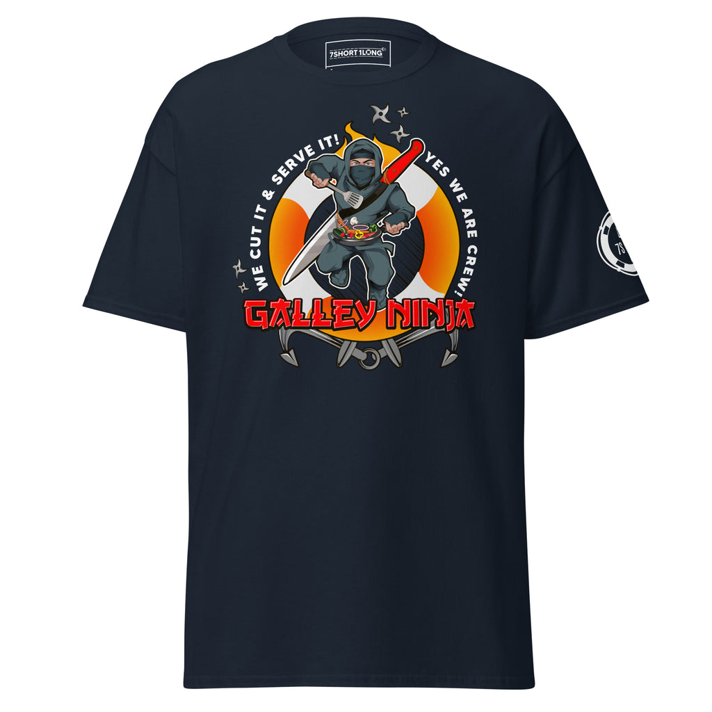Maritime T-shirt with Galley Department “Galley Ninja” design, representing ship cooks and galley crew preparing meals to support crew morale on board.