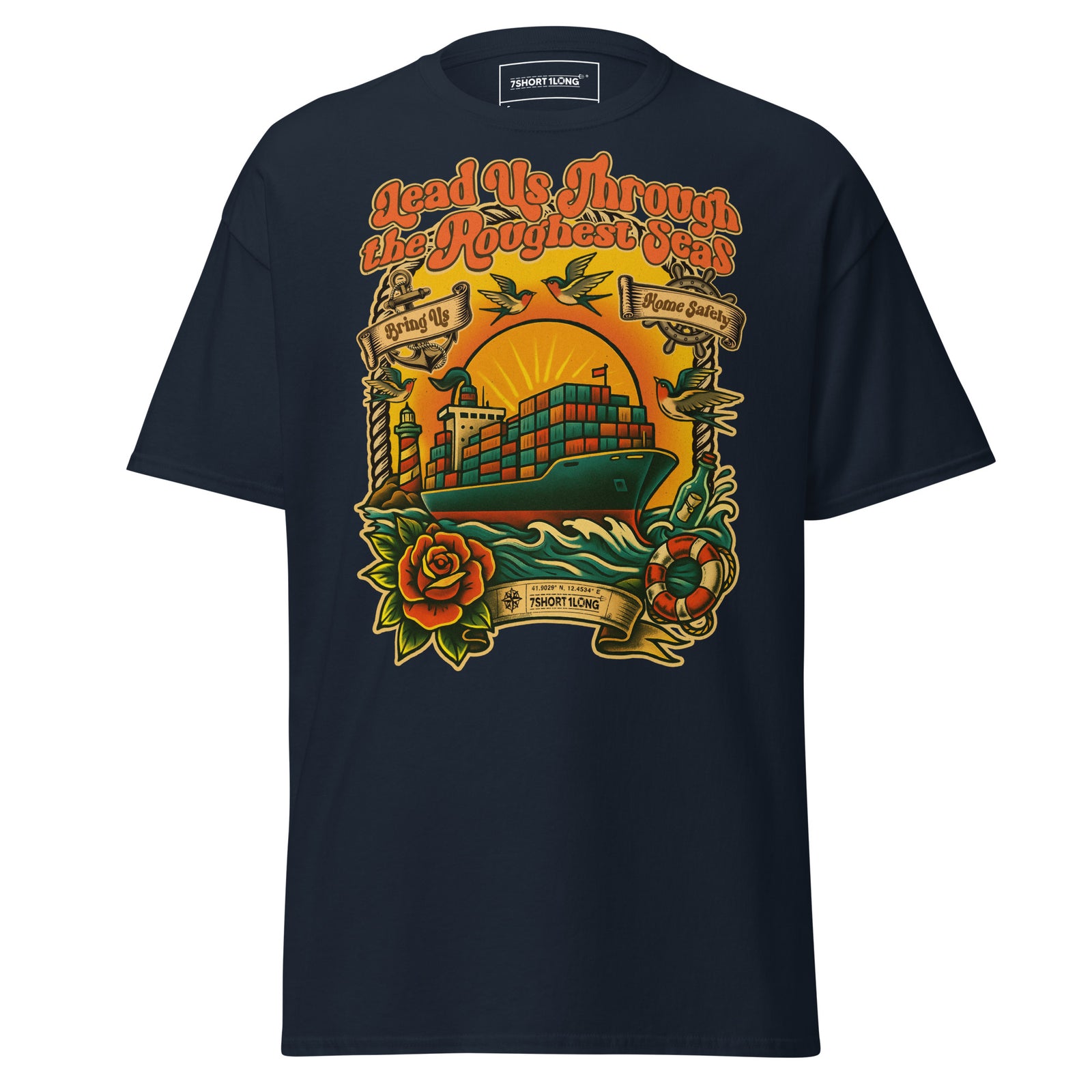 Unisex navy T-shirt featuring a container ship and seafarer tattoo design by 7SHORT1LONG®. Classic casual style.
