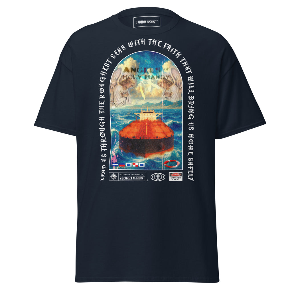 Unisex navy Christian Angel Protection Tanker T-Shirt by 7SHORT1LONG® with front graphic design on soft cotton fabric