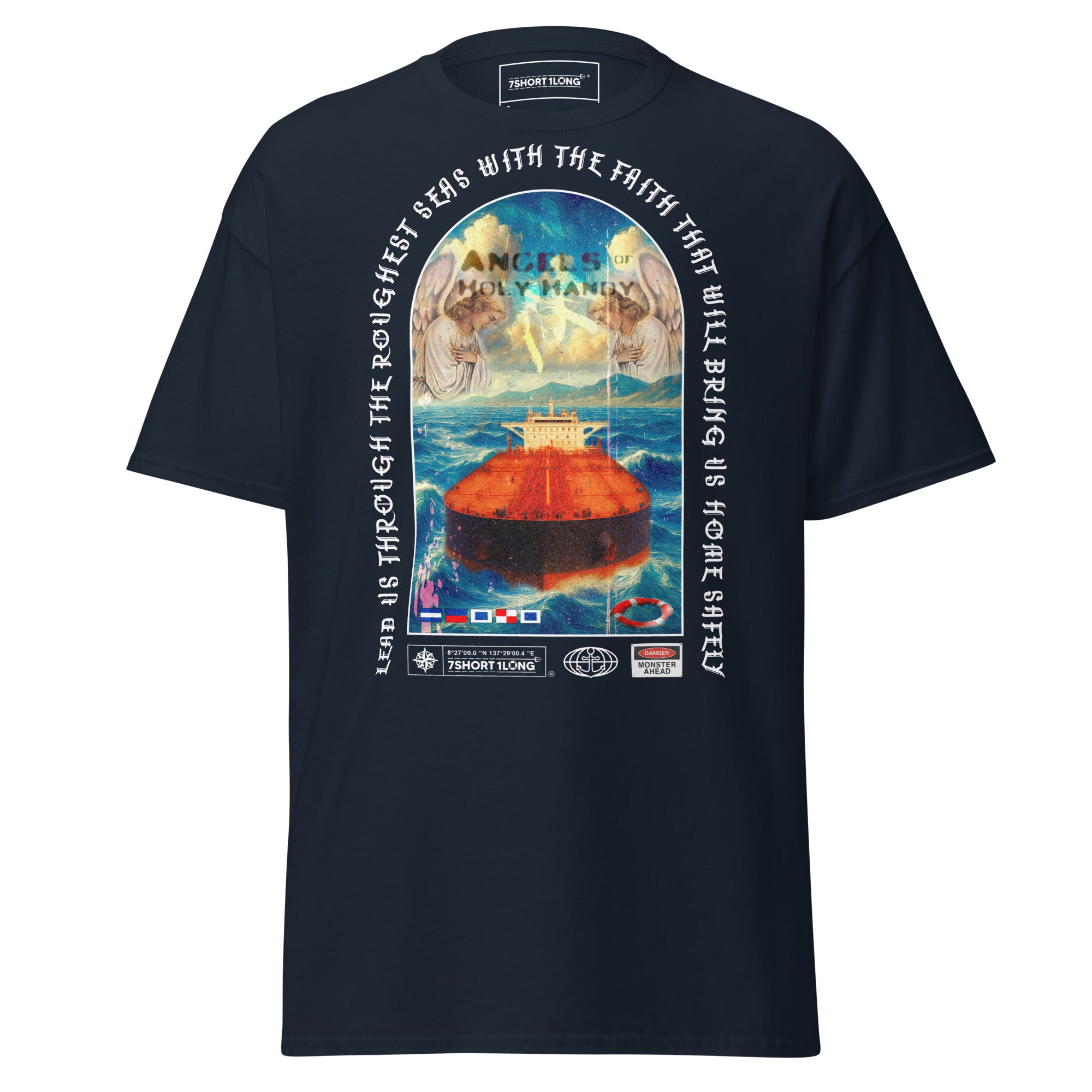 Unisex navy Christian Angel Protection Tanker T-Shirt by 7SHORT1LONG® with front graphic design on soft cotton fabric