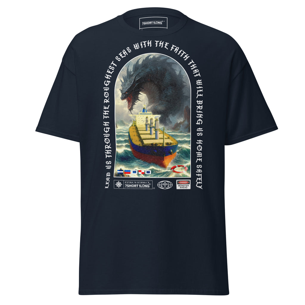 Navy unisex classic T-shirt featuring a bold ocean monster attack design, by 7SHORT1LONG®.