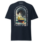 Navy unisex classic T-shirt featuring a bold ocean monster attack design, by 7SHORT1LONG®.