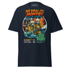 Navy Fire Drill T-Shirt by 7SHORT1LONG® featuring a nautical crew safety design on the front, unisex classic fit.