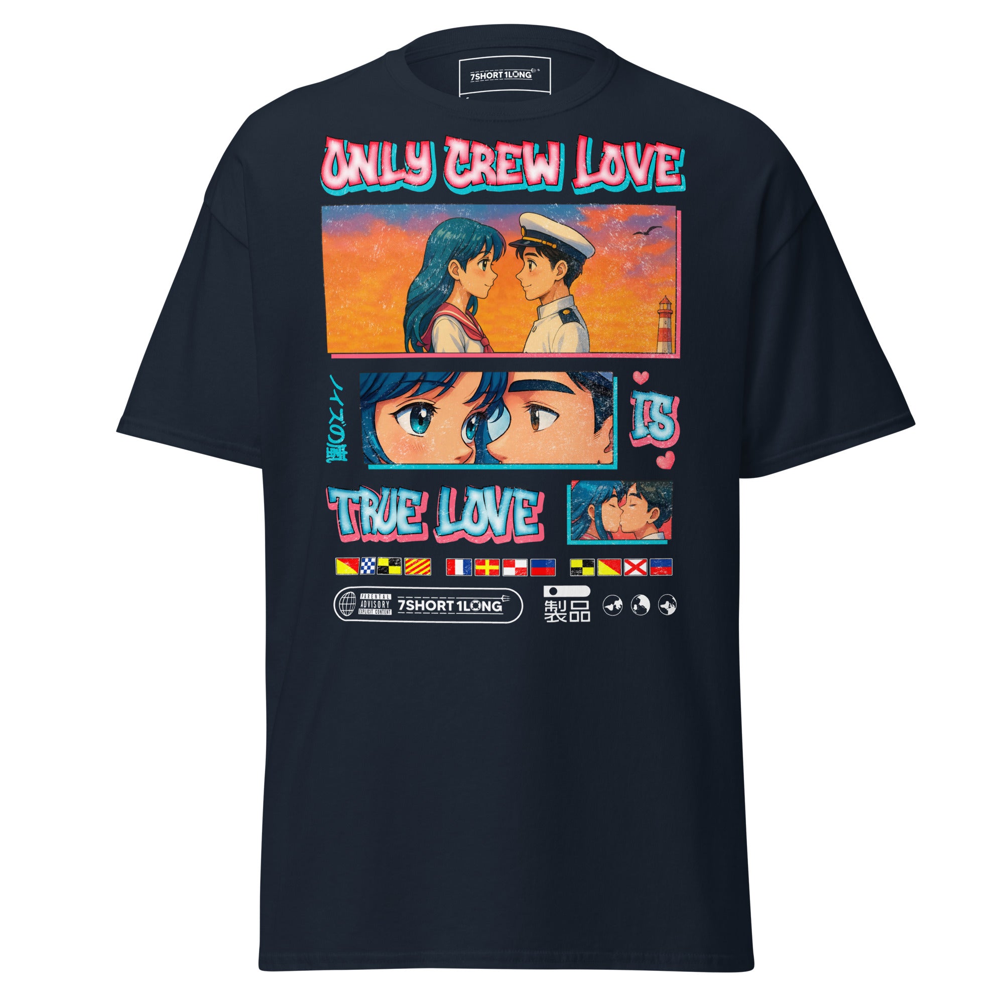 Unisex navy Sailor T-Shirt by 7SHORT1LONG® featuring anime-inspired design and "Only Crew Love Is True Love" text on front.