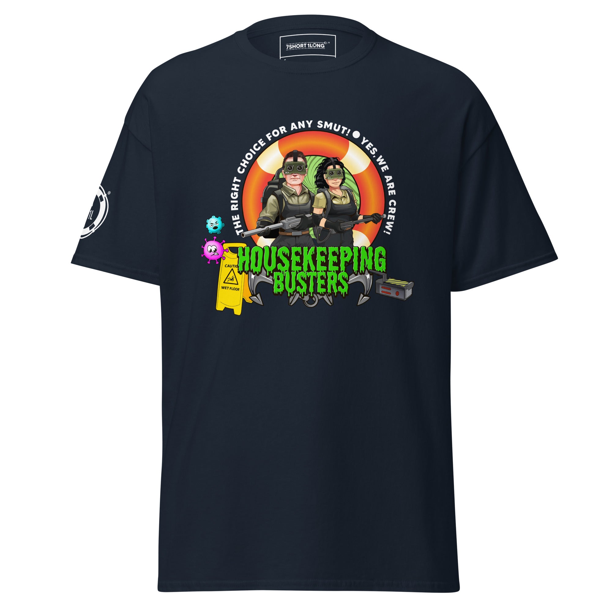 Unisex navy Housekeeping Department T-shirt by 7SHORT1LONG® with classic crew neck and front design.