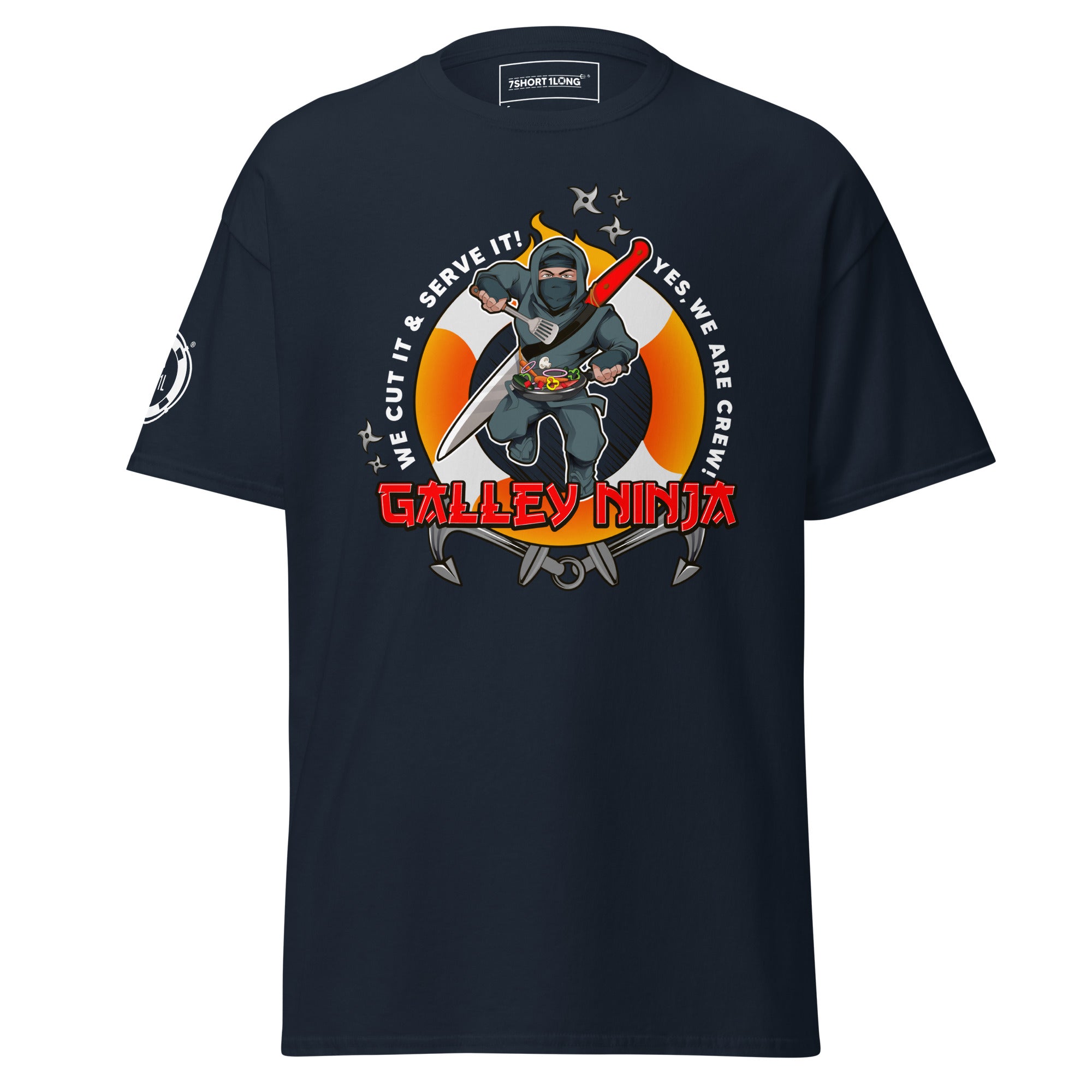Unisex navy maritime ship crew T-shirt by 7SHORT1LONG® featuring a classic crew design on the front.