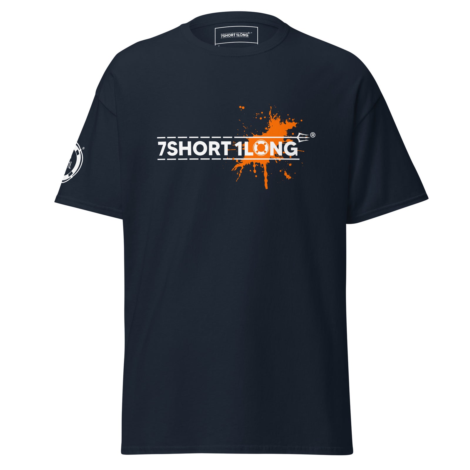 Navy Seafarer Color Splash Nautical T-Shirt with 7SHORT1LONG branding and paint splash design, nautical lifestyle tee