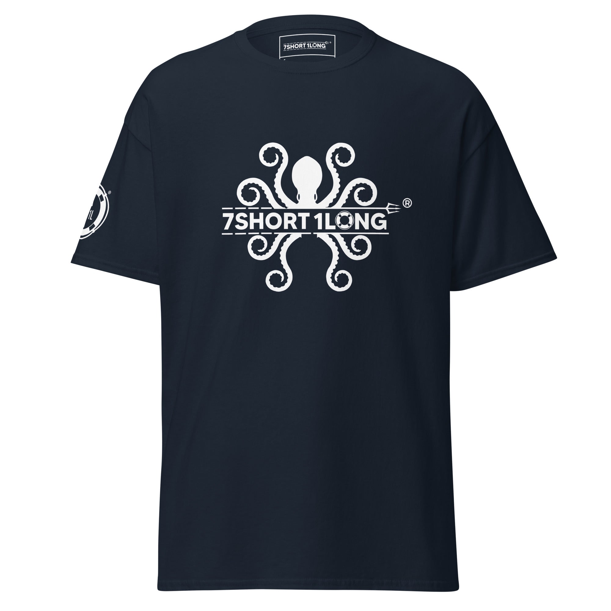 Navy Kraken Seafarer Nautical T-Shirt with 7SHORT1LONG logo and octopus graphic, sea creature marine streetwear front view Main image