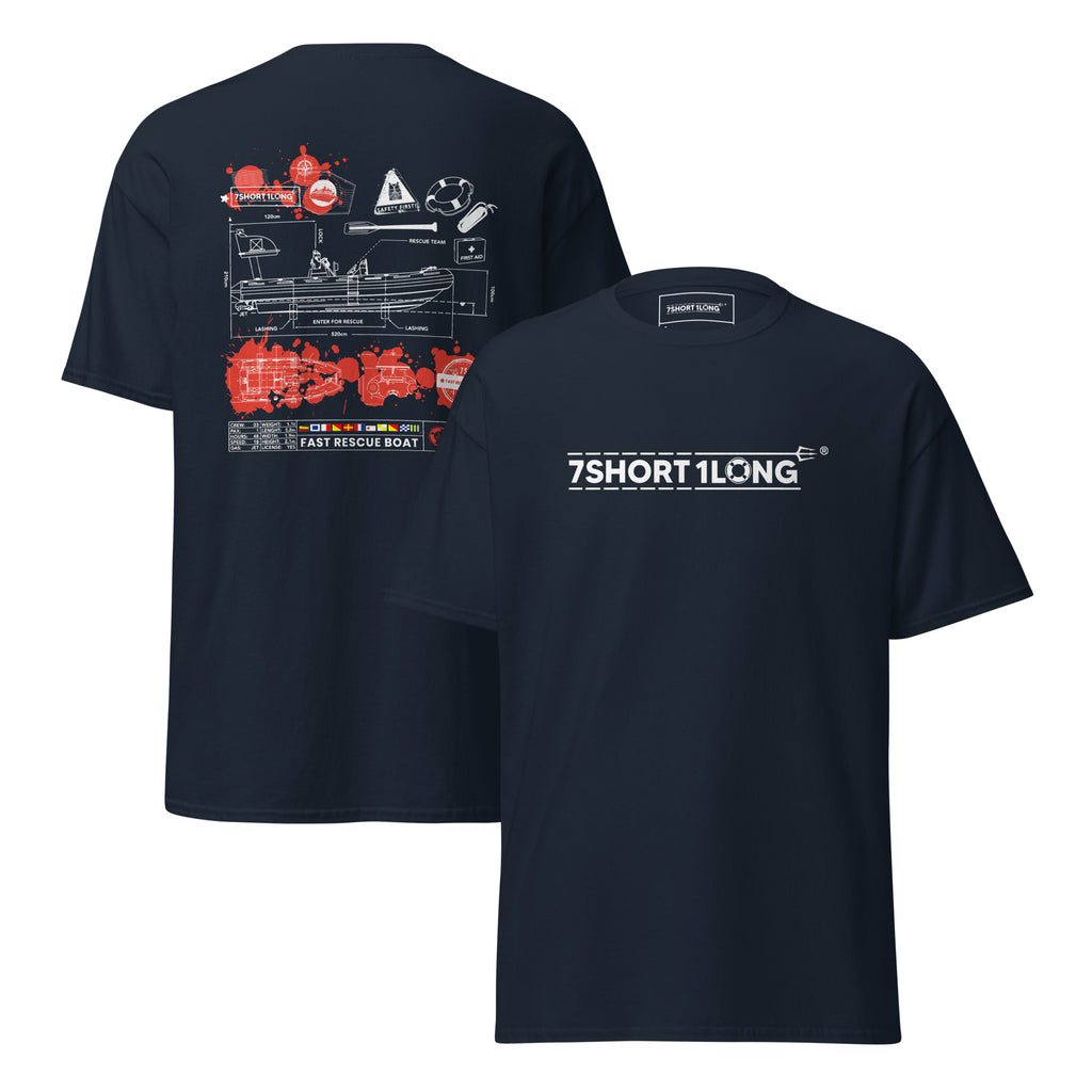 Navy unisex Fast Rescue Boat Nautical Crew T-Shirt by 7SHORT1LONG® featuring front and back nautical rescue boat graphics.