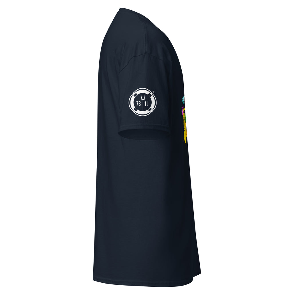 Unisex navy Housekeeping Department T-shirt by 7SHORT1LONG®, casual crewneck tee with printed departmental logo.