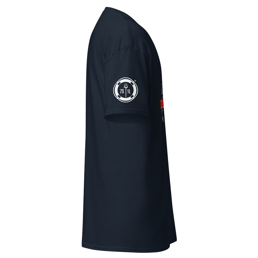 Unisex navy T-shirt featuring a deck vs engine department graphic by 7SHORT1LONG® on a classic crewneck style.
