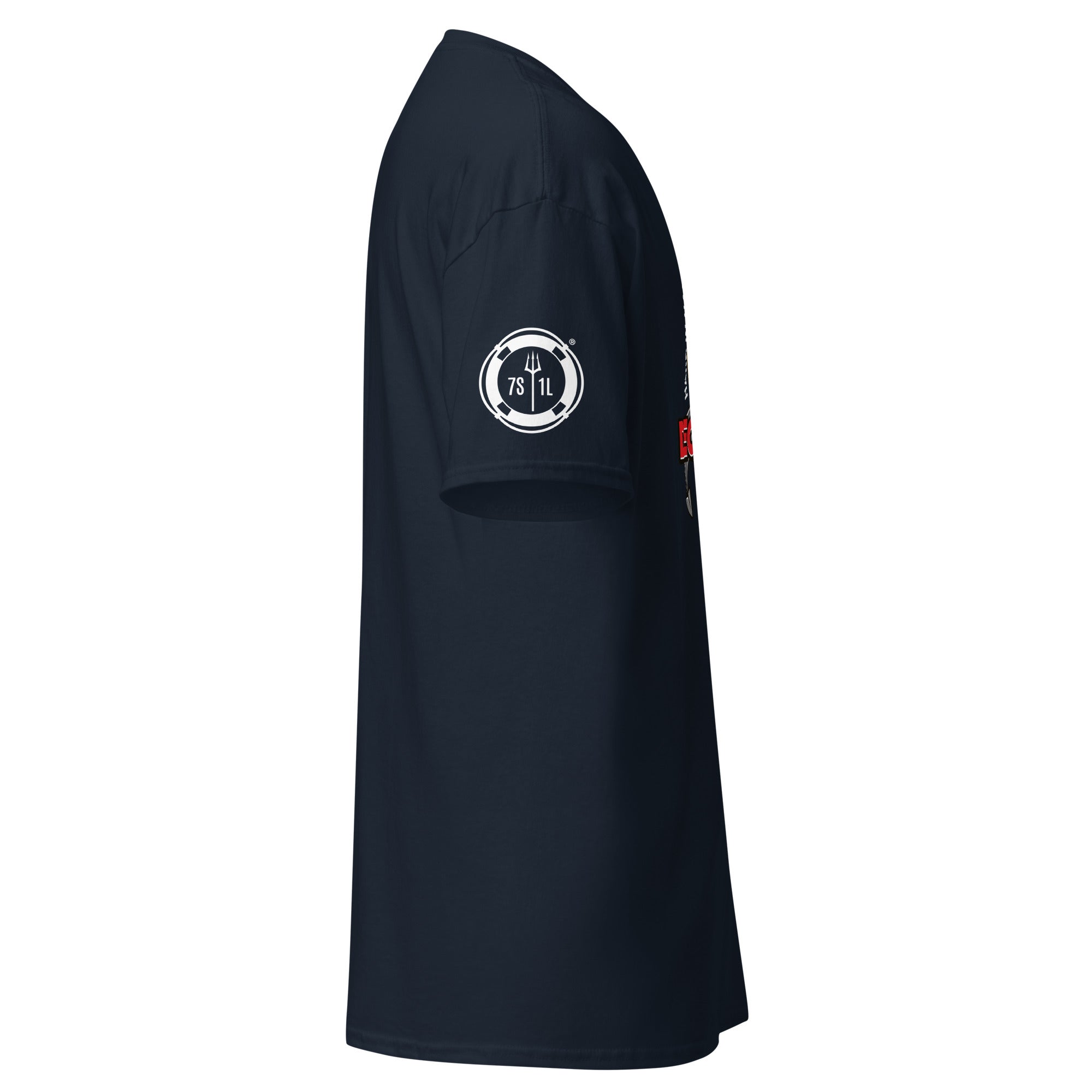 Unisex navy T-shirt featuring a deck vs engine department graphic by 7SHORT1LONG® on a classic crewneck style.