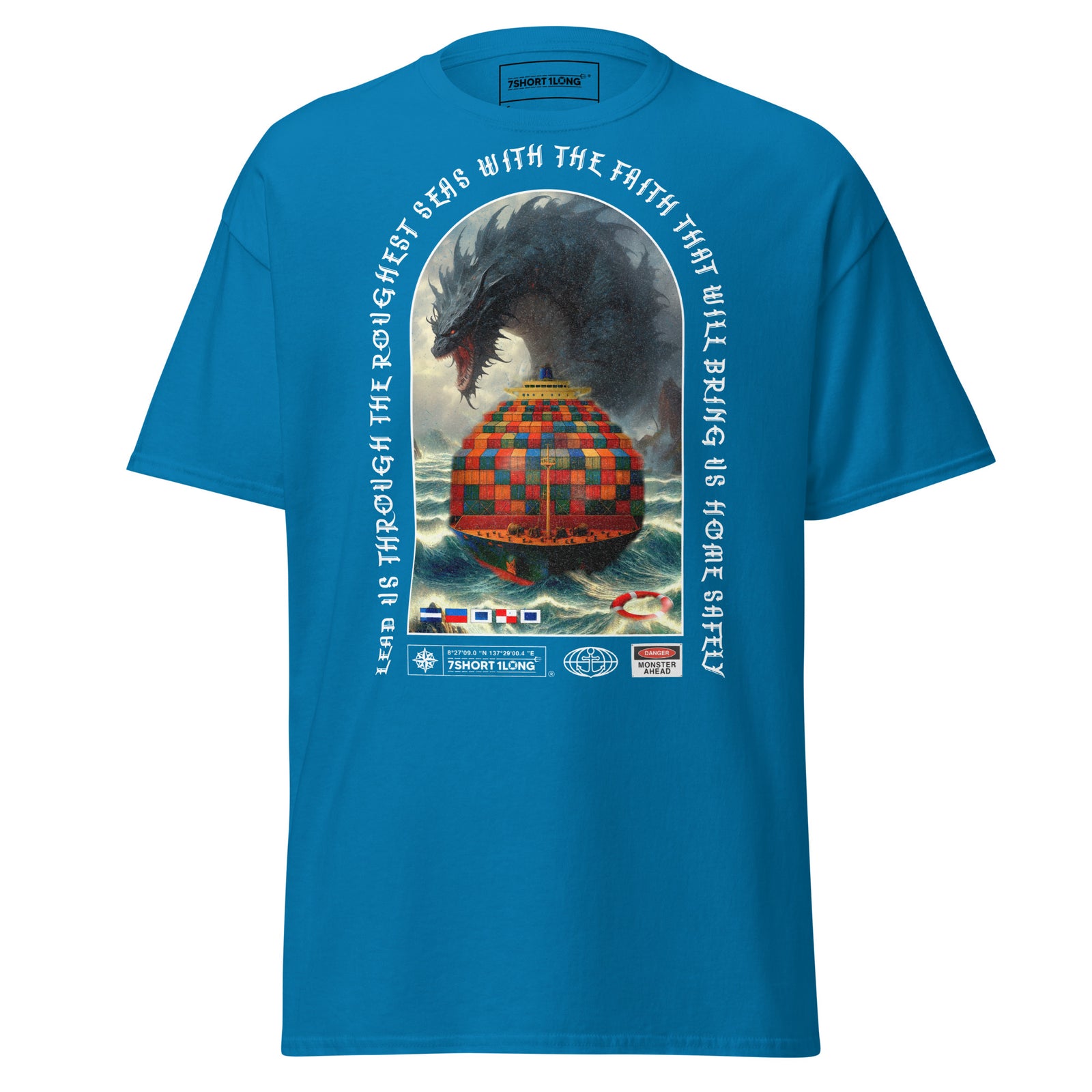 container ship monster attack t-shirt nautical ocean waves fantasy cargo vessel apparel