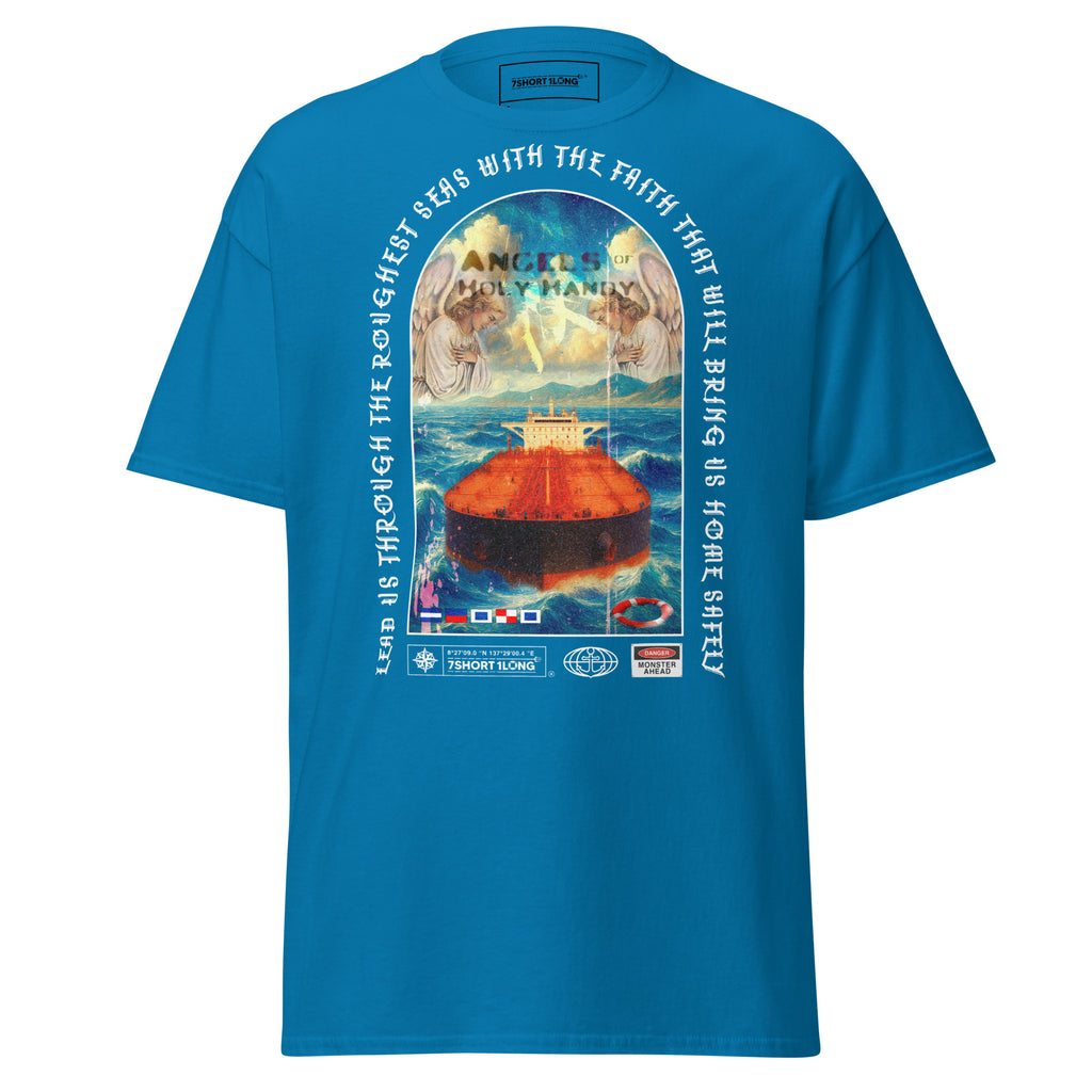 Unisex Christian Angel Protection Tanker T-Shirt in sapphire with front graphic, by 7SHORT1LONG®.