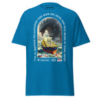 Unisex sapphire T-shirt featuring a vivid ocean monster attack design by 7SHORT1LONG® on the front.