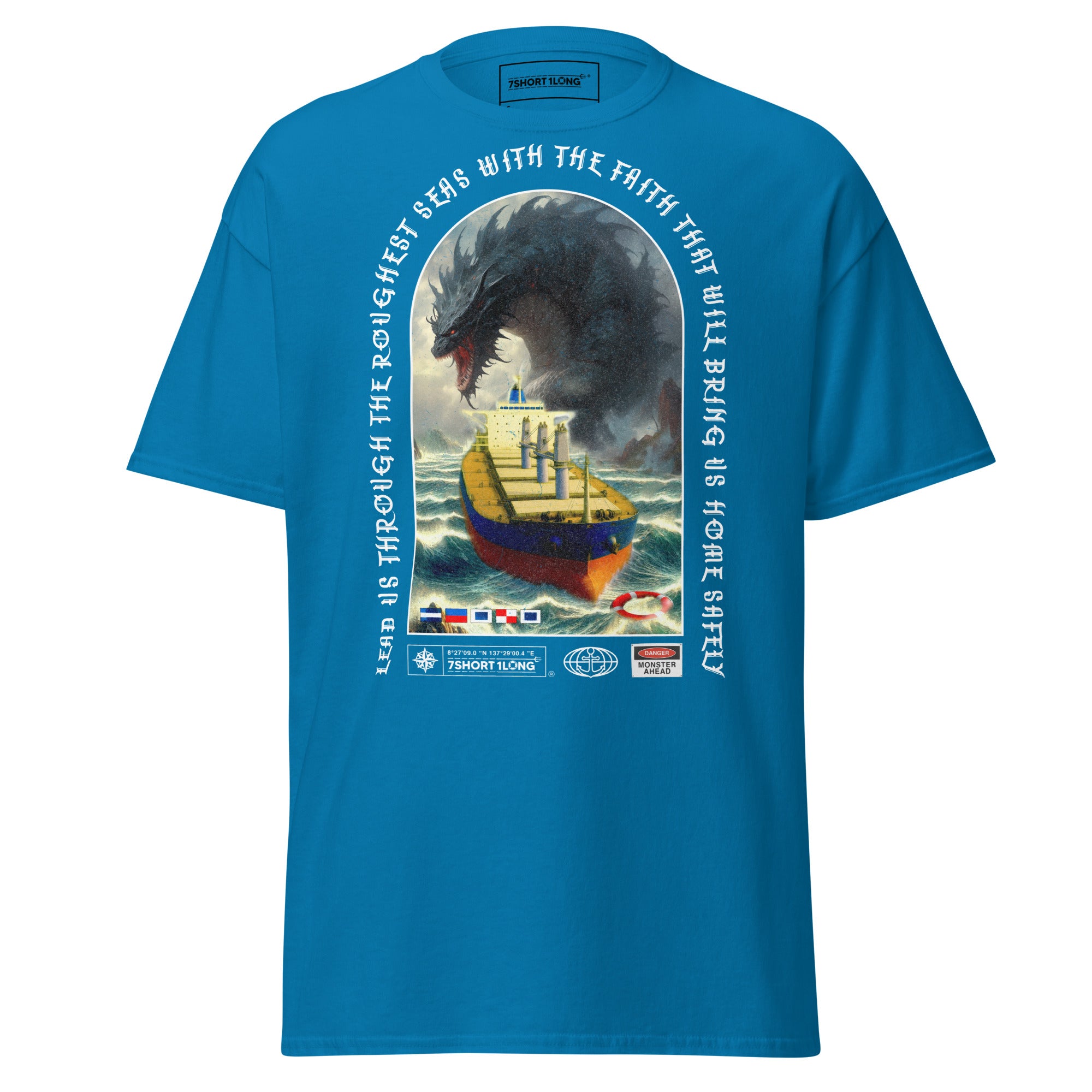 Unisex sapphire T-shirt featuring a vivid ocean monster attack design by 7SHORT1LONG® on the front.