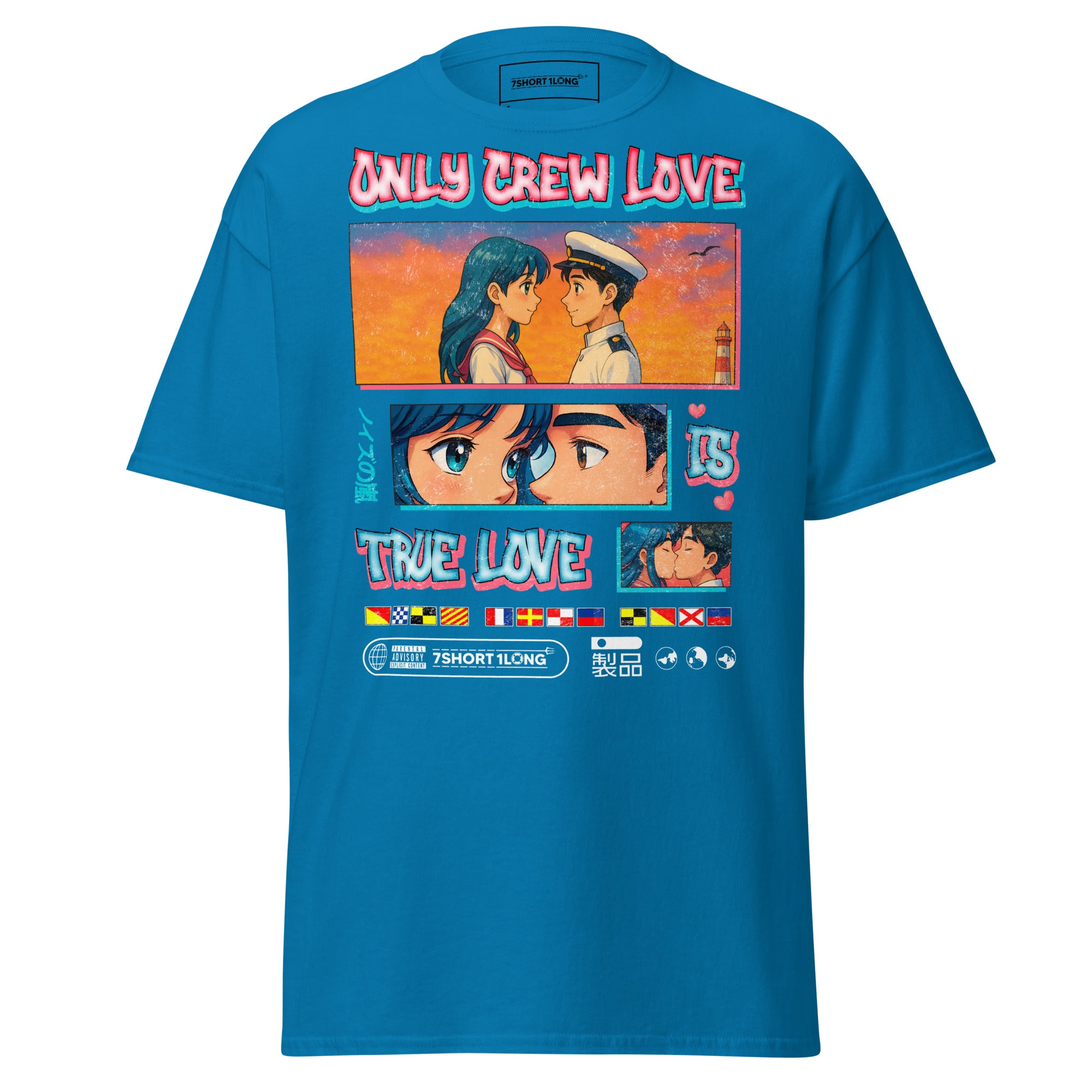 Unisex sapphire Sailor T-Shirt by 7SHORT1LONG® featuring anime-inspired seafarer design with "Only Crew Love Is True Love" text.