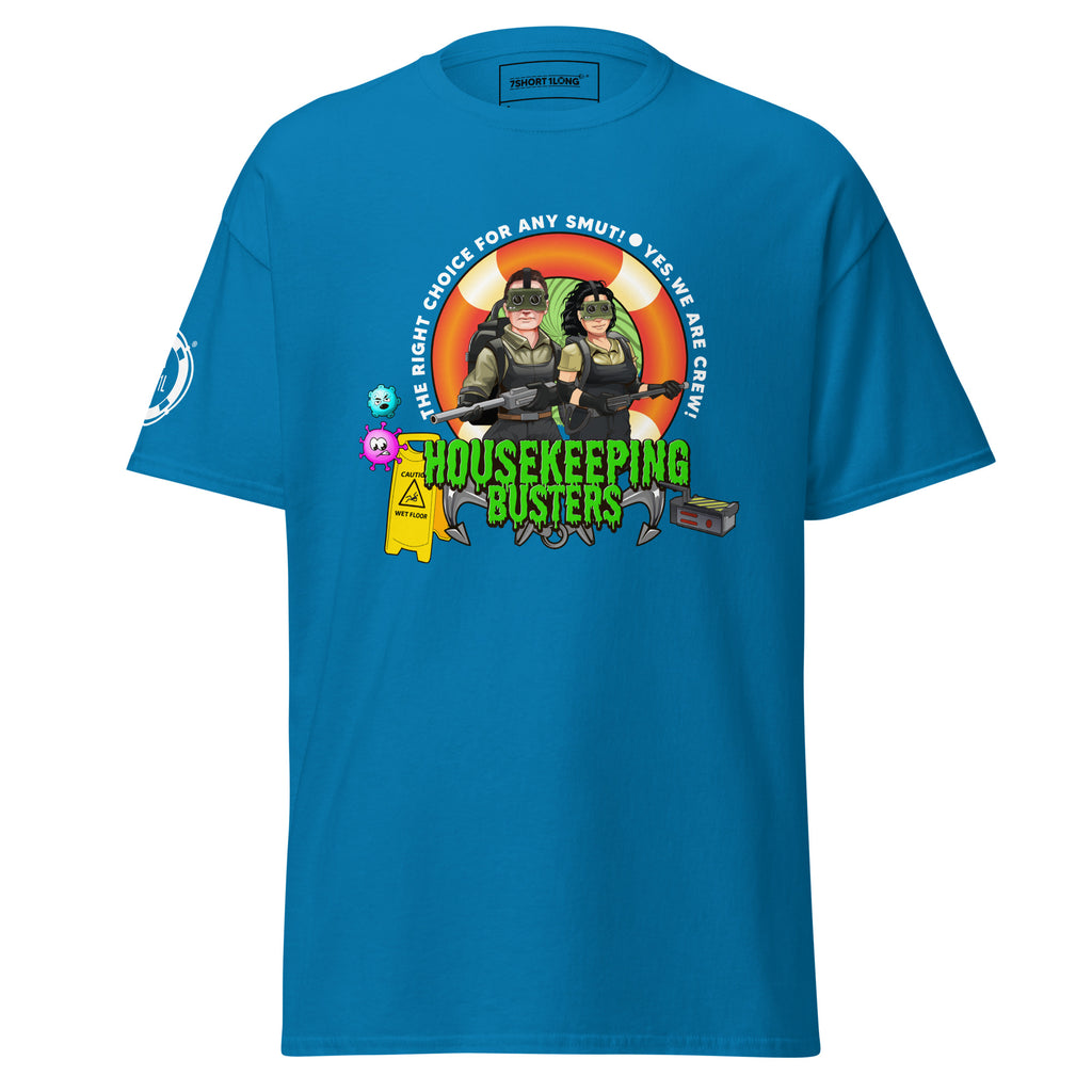 Unisex sapphire Housekeeping Department T-shirt by 7SHORT1LONG® with classic fit and front design, suitable for work or casual wear.