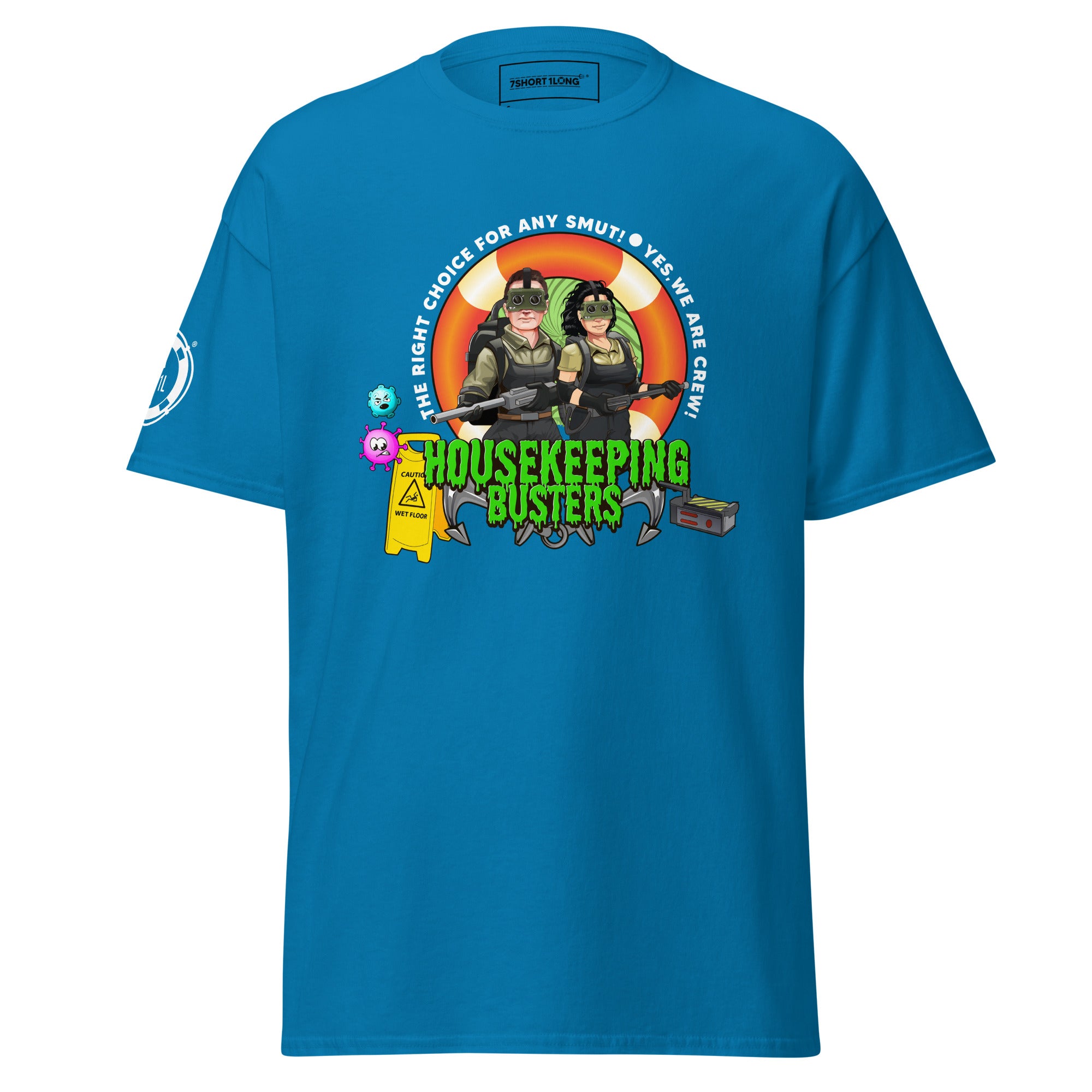 Unisex sapphire Housekeeping Department T-shirt by 7SHORT1LONG® with classic fit and front design, suitable for work or casual wear.