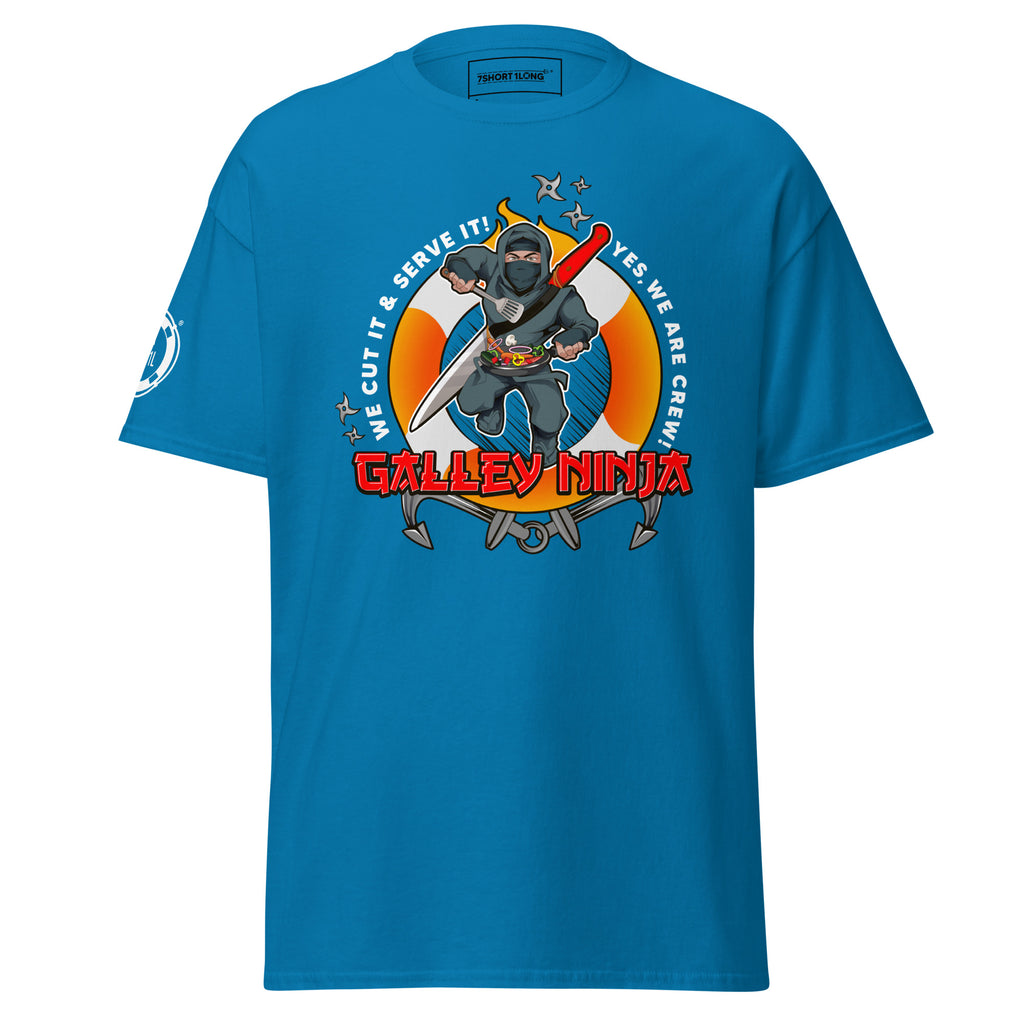 7SHORT1LONG® maritime ship crew T-shirt in sapphire, unisex classic fit with nautical design, front view.