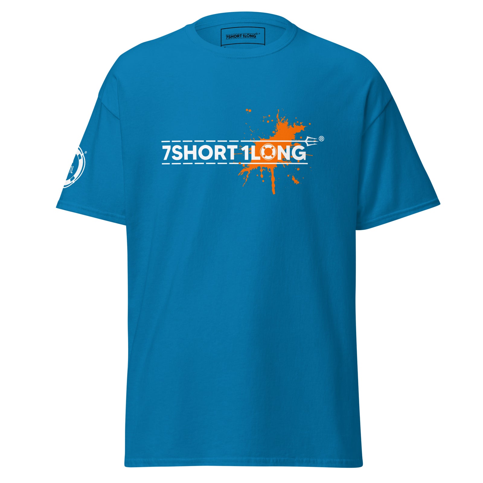 Blue Seafarer Color Splash Nautical T-Shirt with 7SHORT1LONG branding and paint splash design, ocean lifestyle clothing