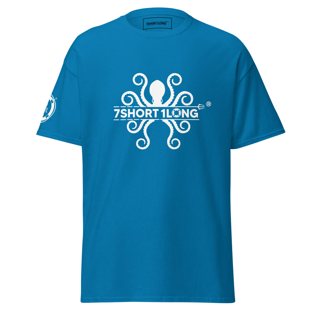 Blue Kraken Seafarer Nautical T-Shirt with octopus artwork and 7SHORT1LONG branding, ocean inspired streetwear