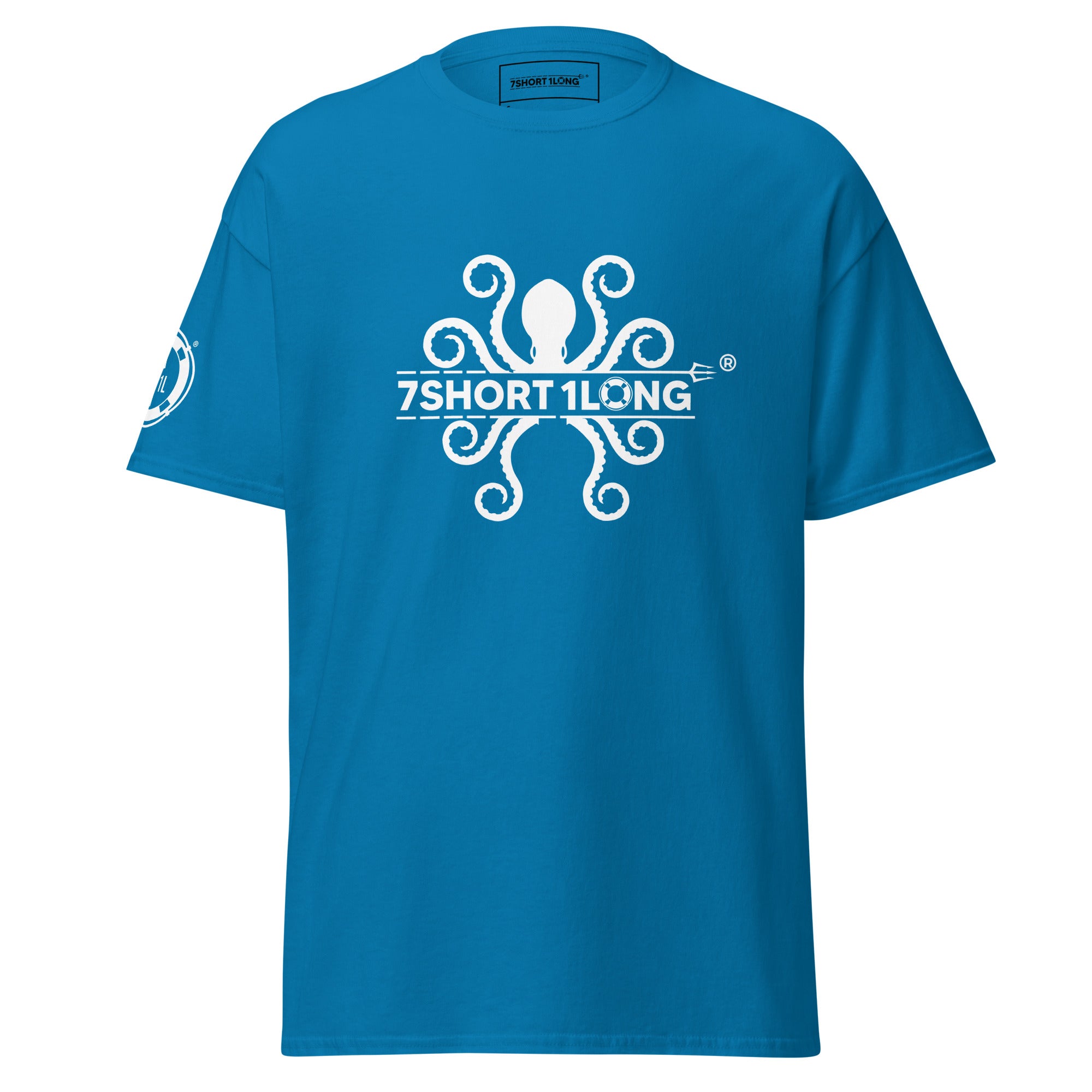 Blue Kraken Seafarer Nautical T-Shirt with octopus artwork and 7SHORT1LONG branding, ocean inspired streetwear