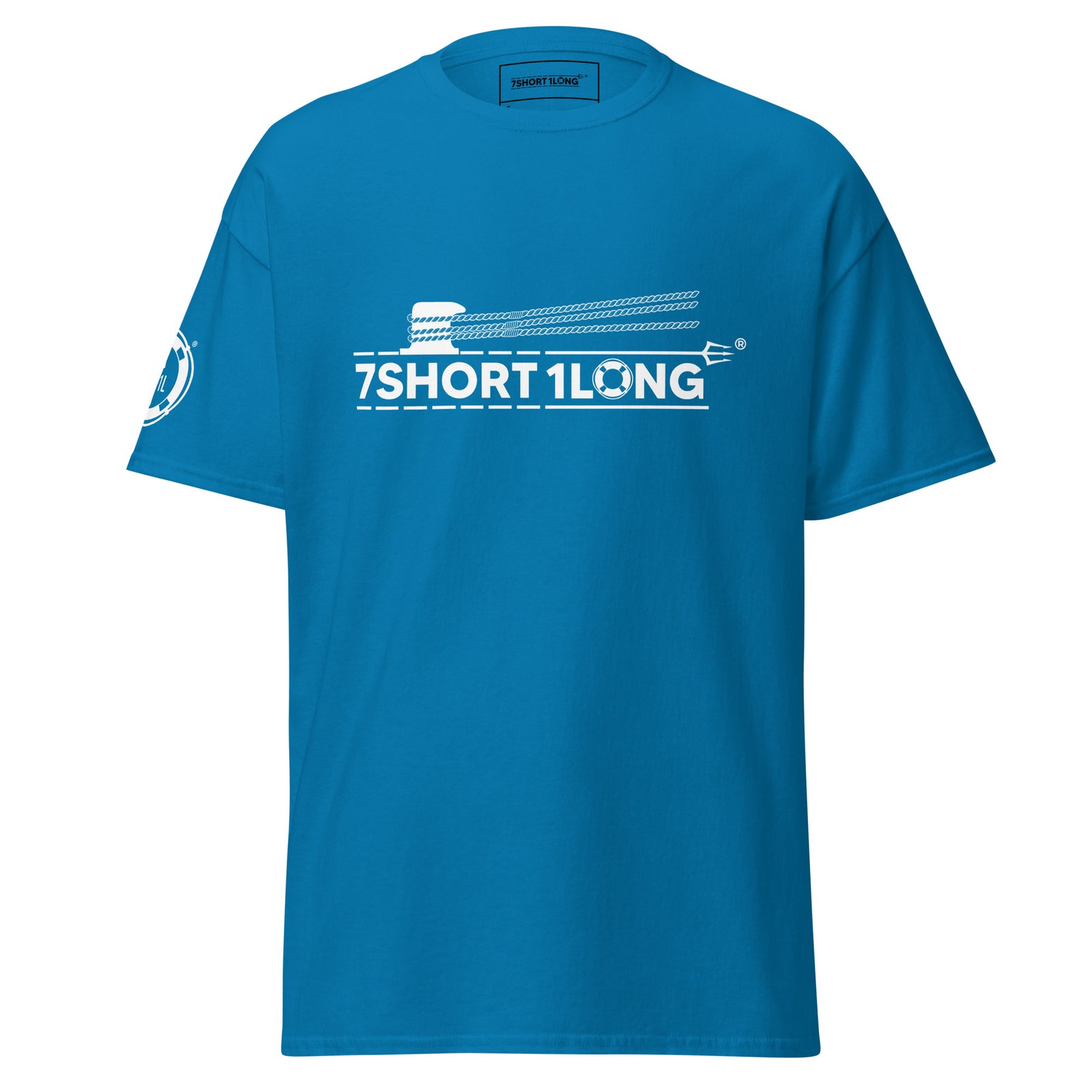 Blue Deck Hand Seafarer Nautical T-Shirt with 7SHORT1LONG logo and mooring operation graphic, maritime crew inspired tee
