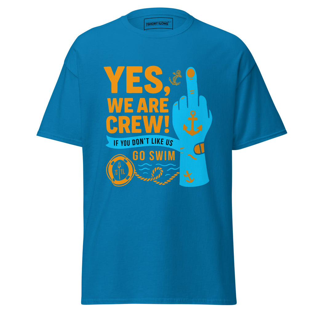 Unisex sapphire crew neck T-shirt featuring a bold middle finger graphic design by 7SHORT1LONG®.