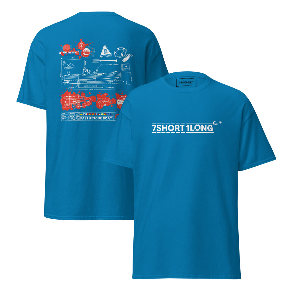 Unisex sapphire nautical crew T-shirt by 7SHORT1LONG® with rescue boat graphic on front and back, casual maritime style.