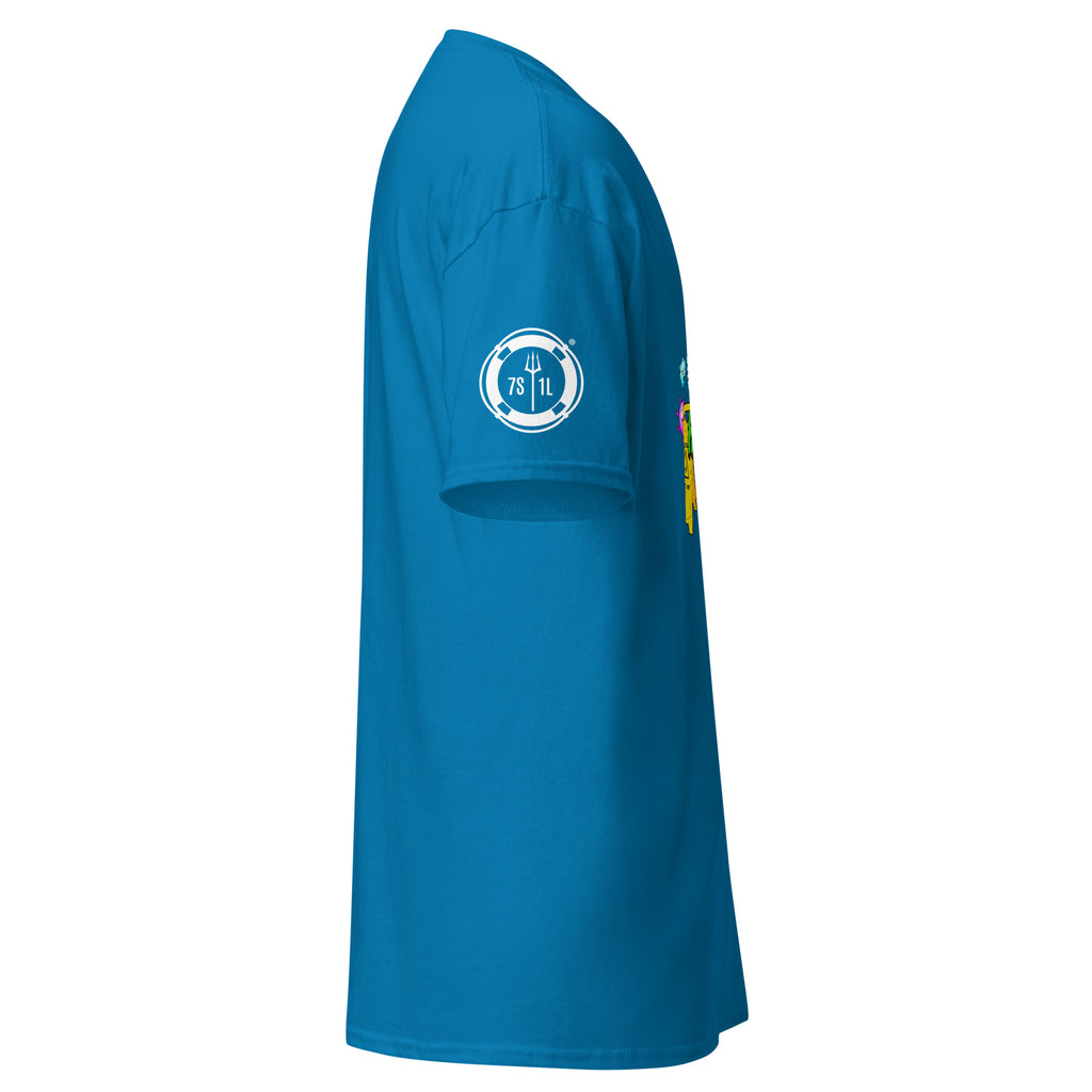 Unisex classic sapphire T-shirt from 7SHORT1LONG® with housekeeping department print, casual crew neck design.