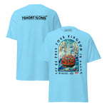 T-shirt design showing the Greek sea god Poseidon judging a container ship at sea, inspired by maritime mythology and ancient ocean legends.