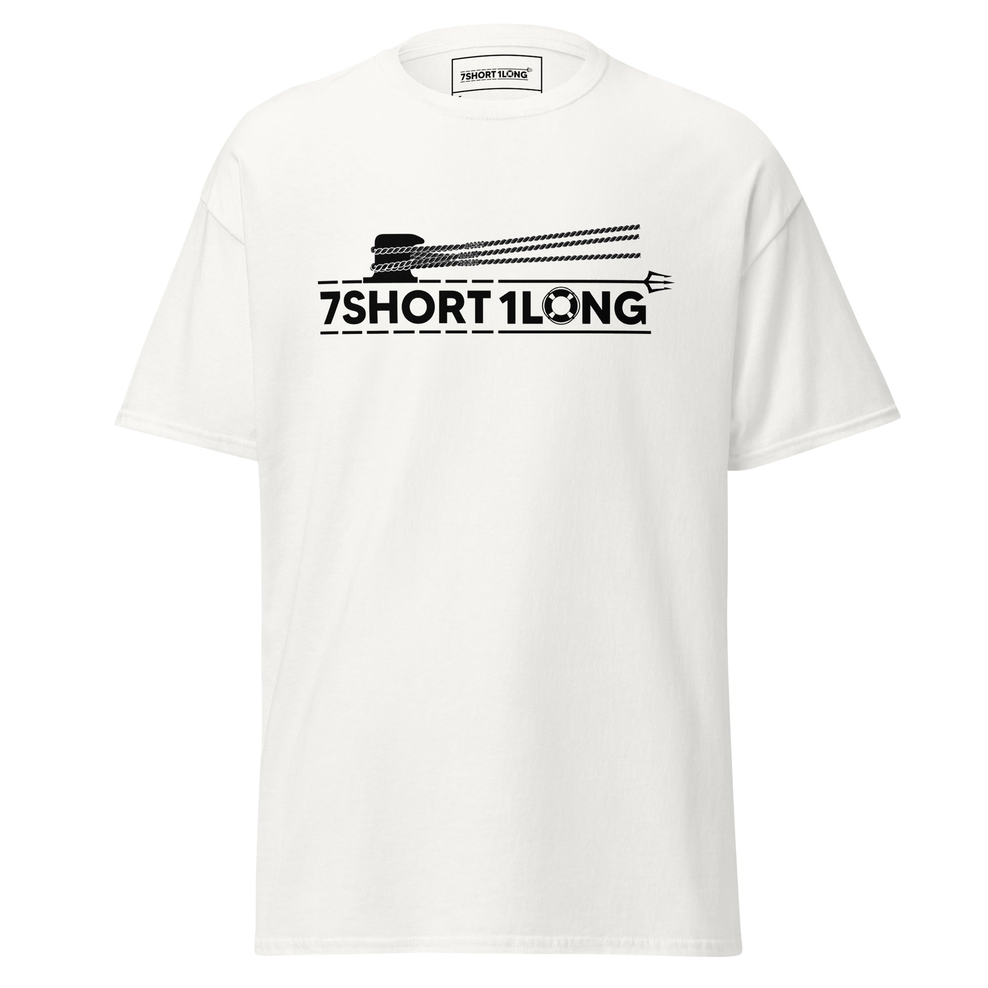Maritime T-shirt with “7Shot1Long” mooring operation design, inspired by deck work commands “All Lines Ashore” and “All Lines Off,” representing teamwork, precision, and seamanship at sea. Main image