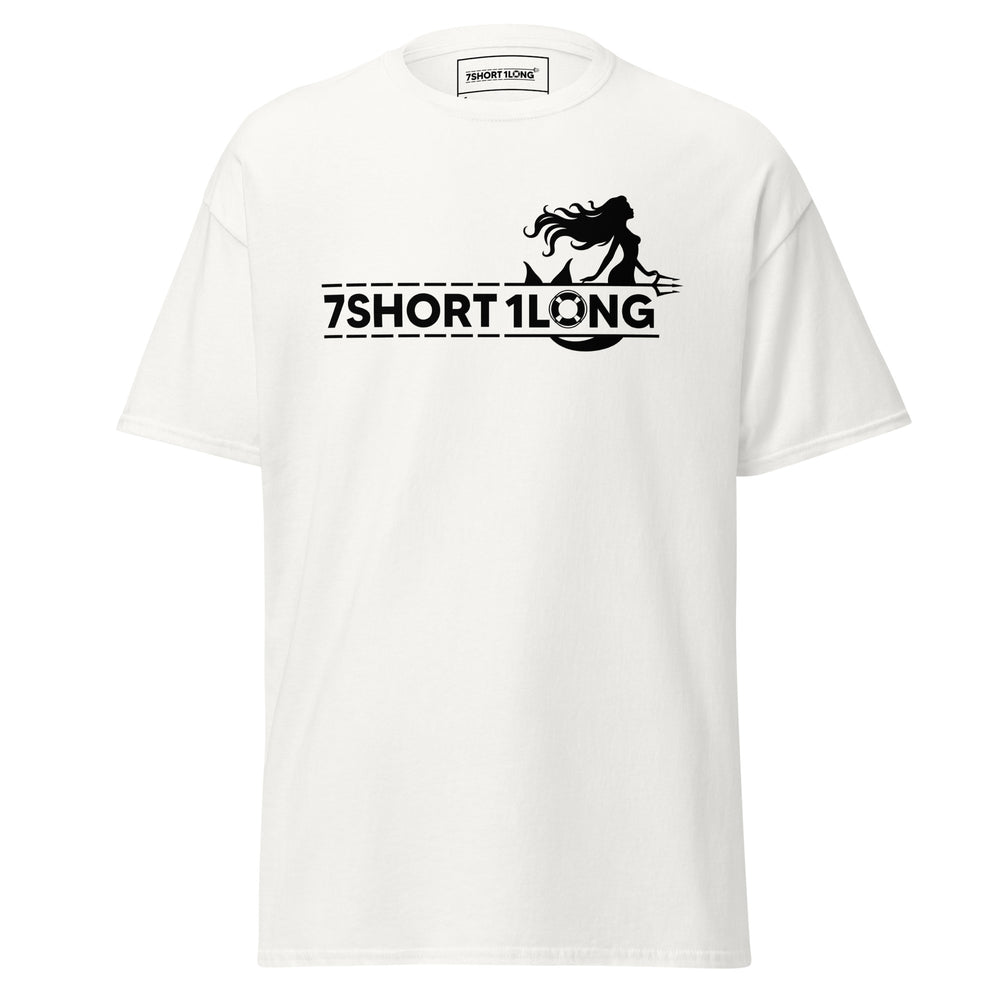 Maritime T-shirt with mermaid design inspired by seafarers’ folklore, detailed nautical artwork reflecting classic sea mythology.