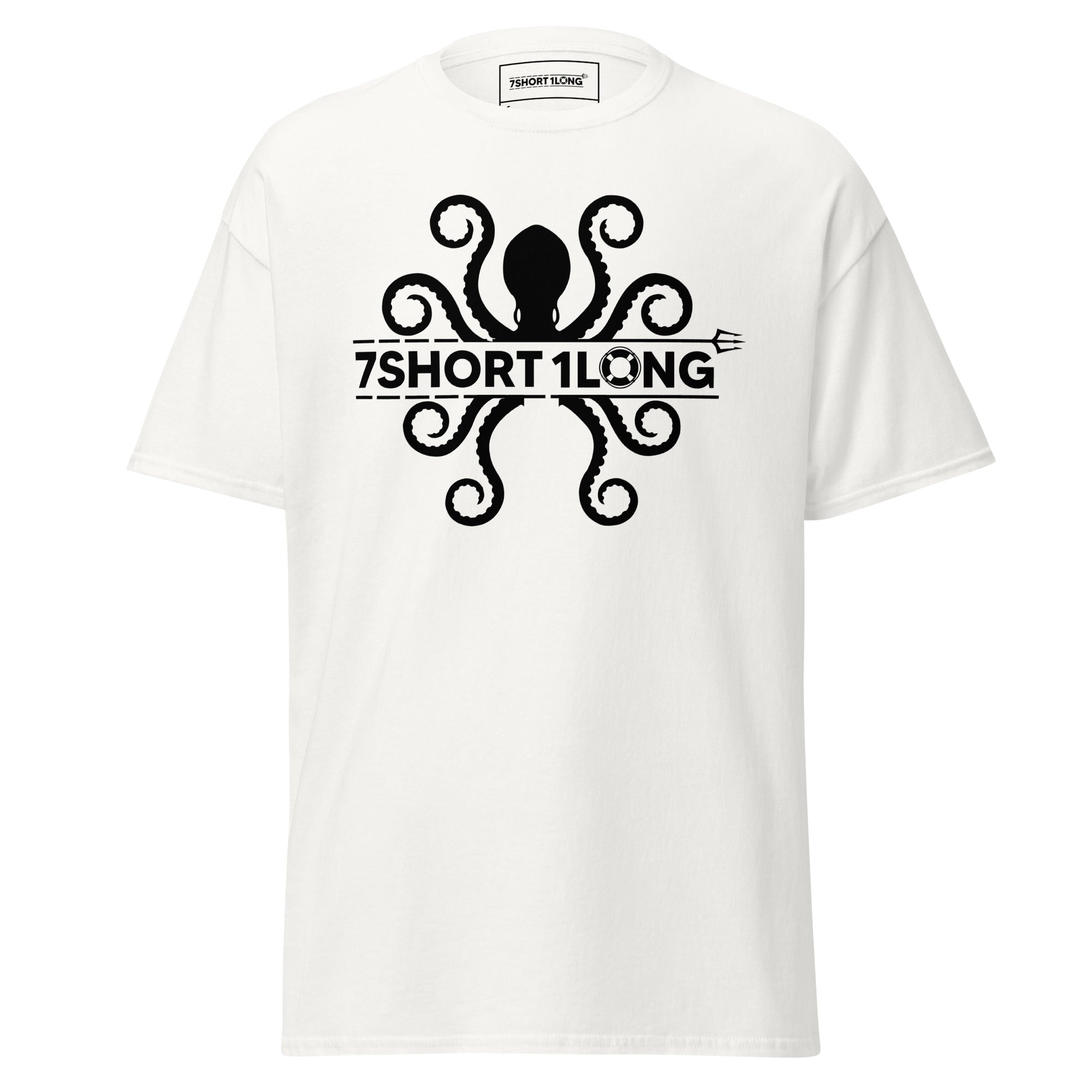 Maritime T-shirt with detailed kraken design inspired by seafarers’ folklore, bold high-contrast lines and precision artwork, nautical myth aesthetic. Main image