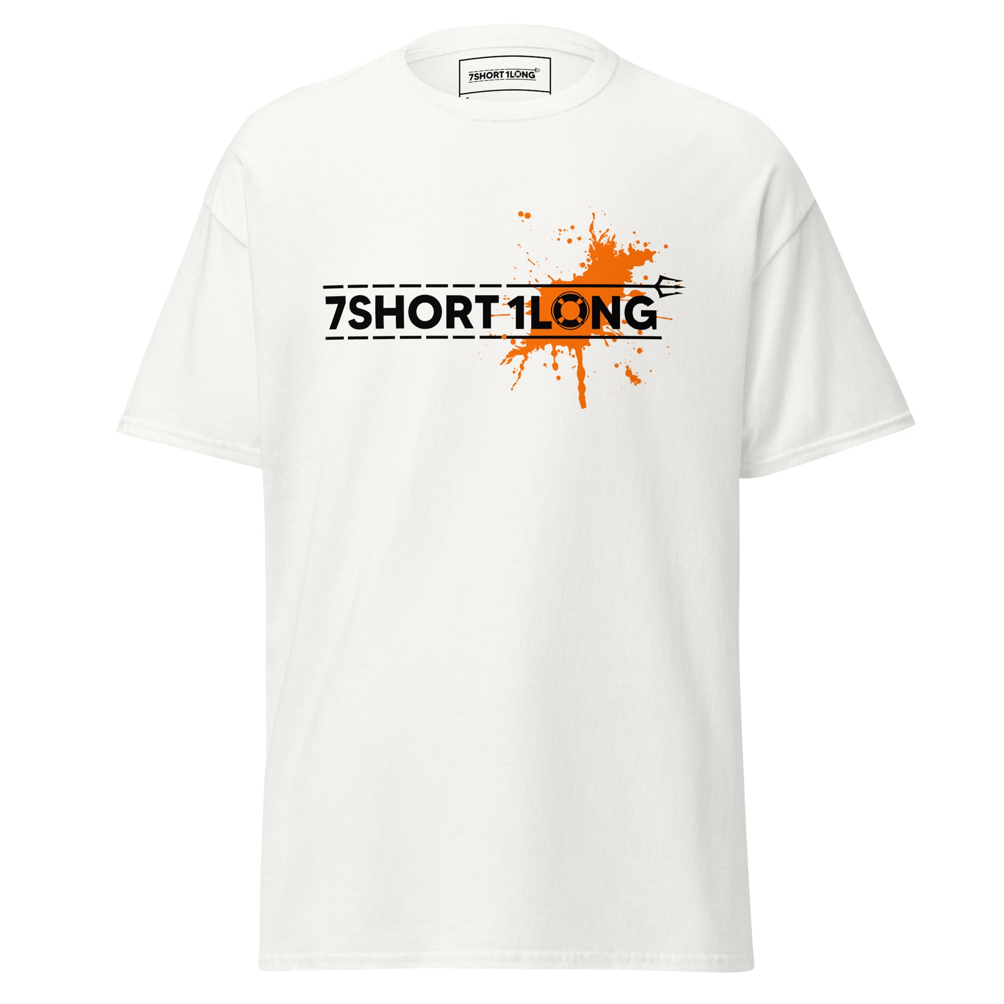 maritime T-shirt with 7-Shot-One-Long logo print and orange solor spot inspired by nautical alarm signals and seafarer culture. Main image