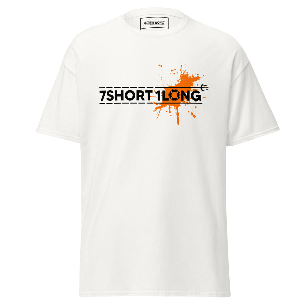 maritime T-shirt with 7-Shot-One-Long logo print and orange solor spot inspired by nautical alarm signals and seafarer culture.