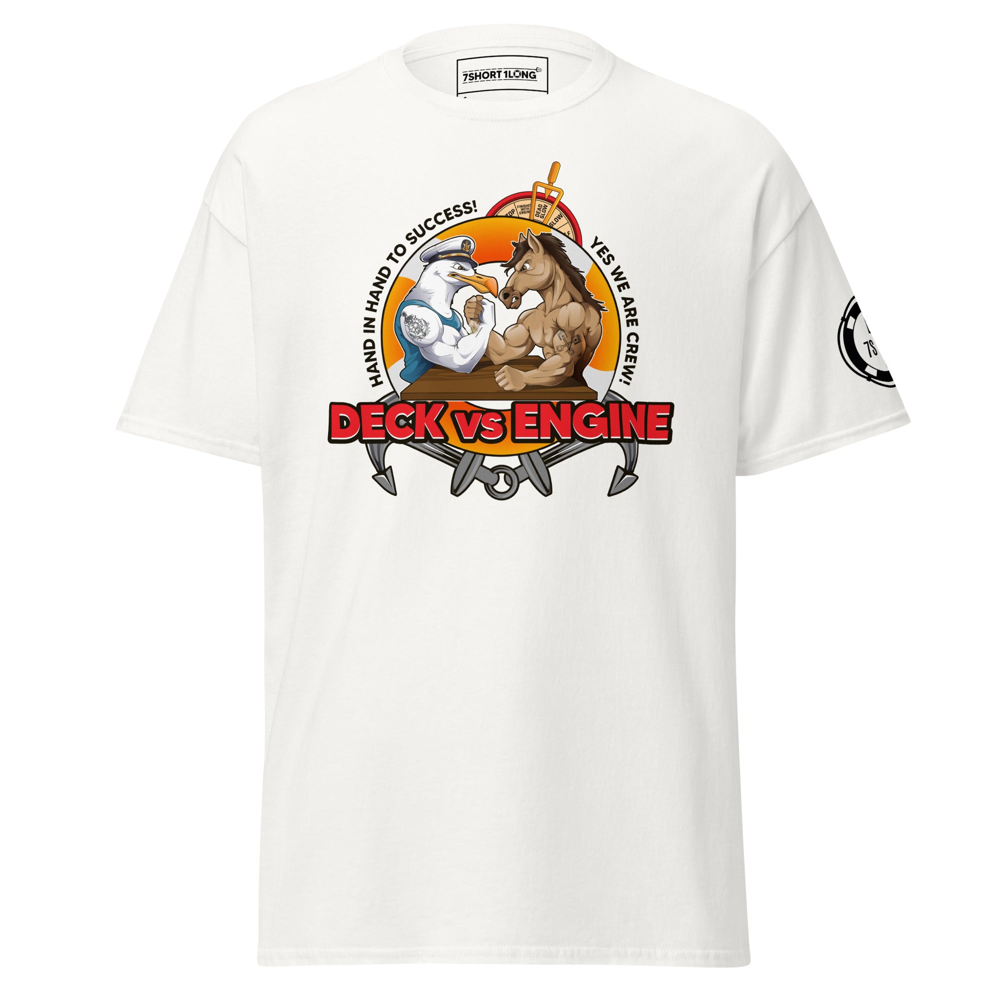 Maritime T-shirt with “Deck Vs Engine” design, symbolizing rivalry and cooperation between deck and engine departments on a ship. Main image
