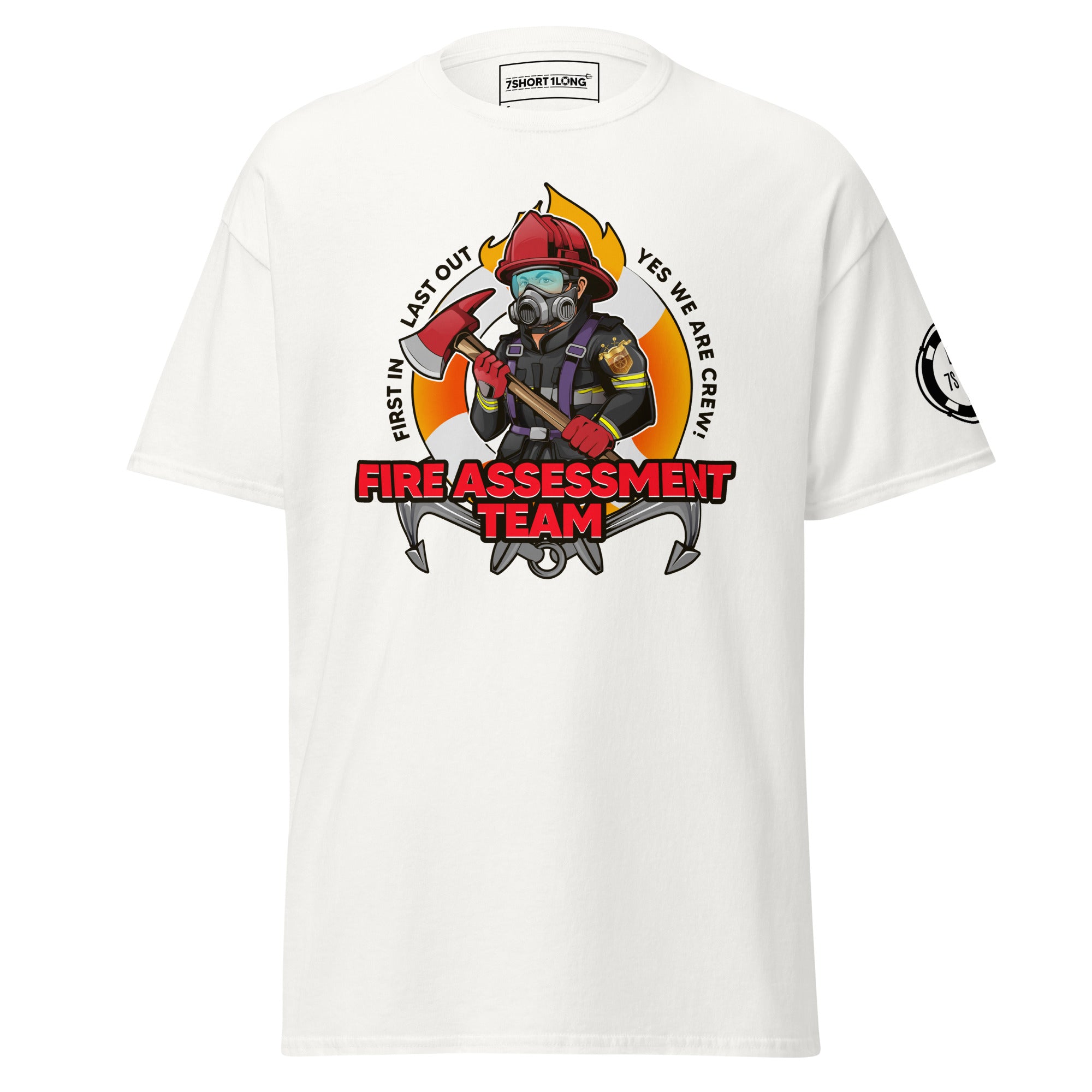 Maritime T-shirt with Fire Assessment Team design, representing onboard emergency response and ship fire brigade entering fire zones during emergencies. Main image
