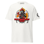 Maritime T-shirt with Fire Assessment Team design, representing onboard emergency response and ship fire brigade entering fire zones during emergencies.