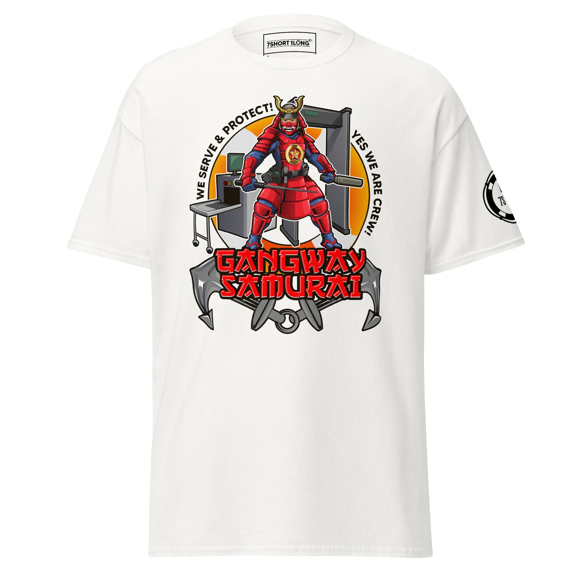 Maritime T-shirt with ShipSecurity design, representing security roleson onboard a ship including SSO, deputy security officer, security, and guards. Main image