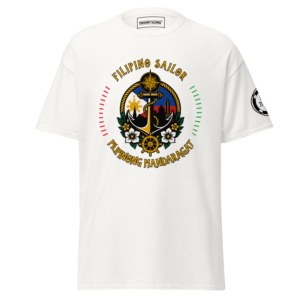 Maritime design showing anchor, compass, waves, and Filipino symbols with the text “Filipino Sailor – Tropang Mandaragat,” representing pride and crew brotherhood at sea.