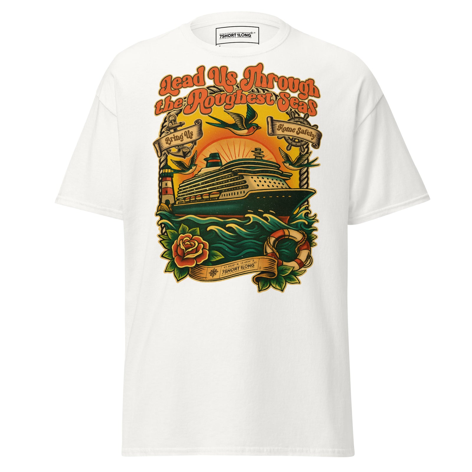 Unisex white Cruise Ship Seafarer Tattoo T-Shirt by 7SHORT1LONG® with nautical ship and sailor tattoo design on front.