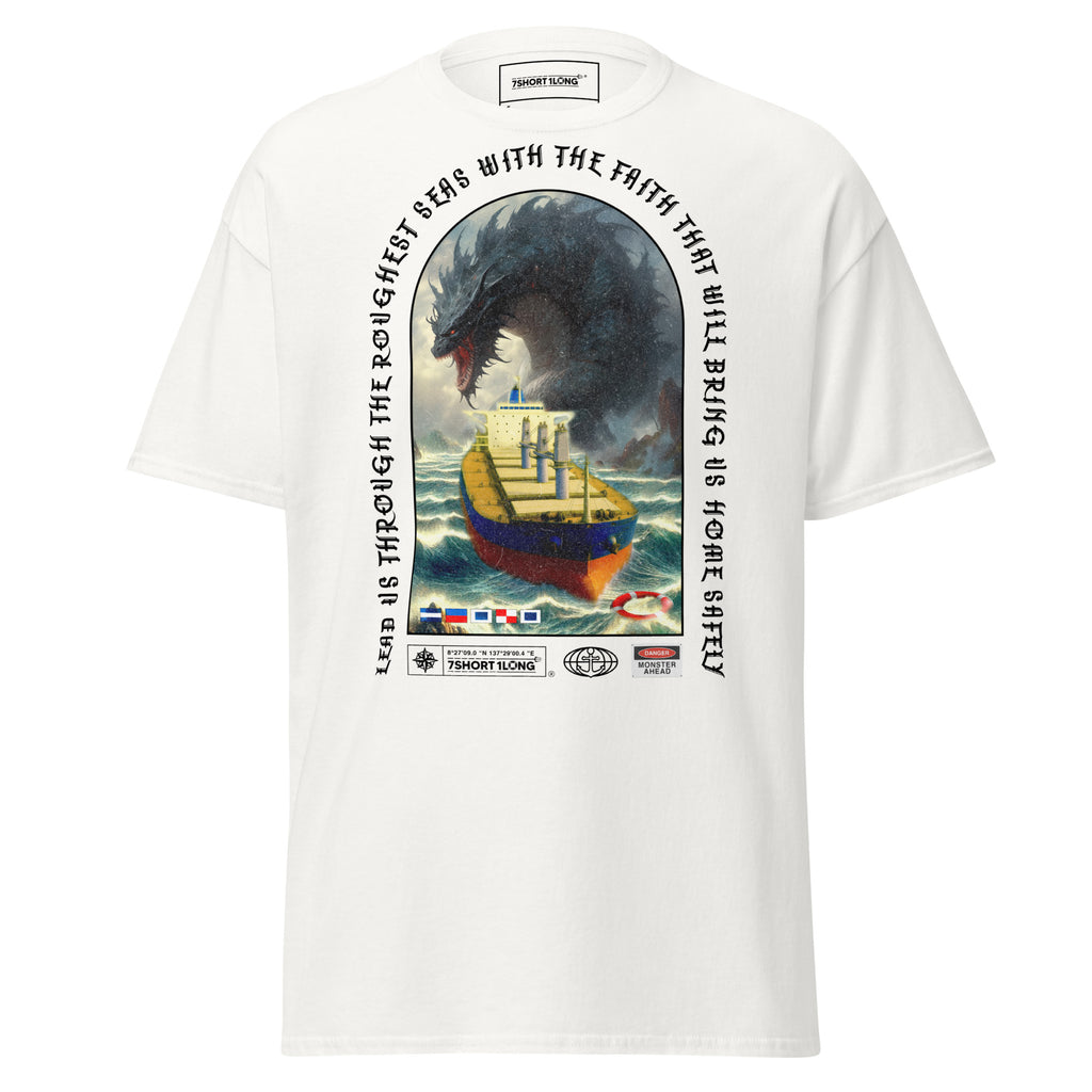 White unisex Bulk Carrier T-Shirt by 7SHORT1LONG® featuring a bold ocean monster attack graphic on the front.